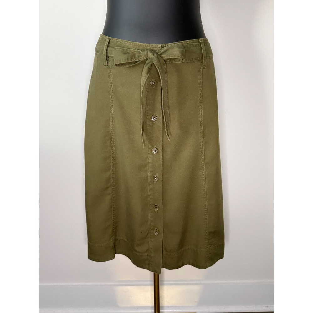 Talbots Petites Olive Green Lyocell Button Front Midi Skirt with Tie Belt 12P